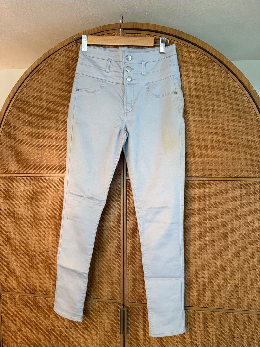 refuge Triple-Button Light Blue High-Rise Skinny Pants